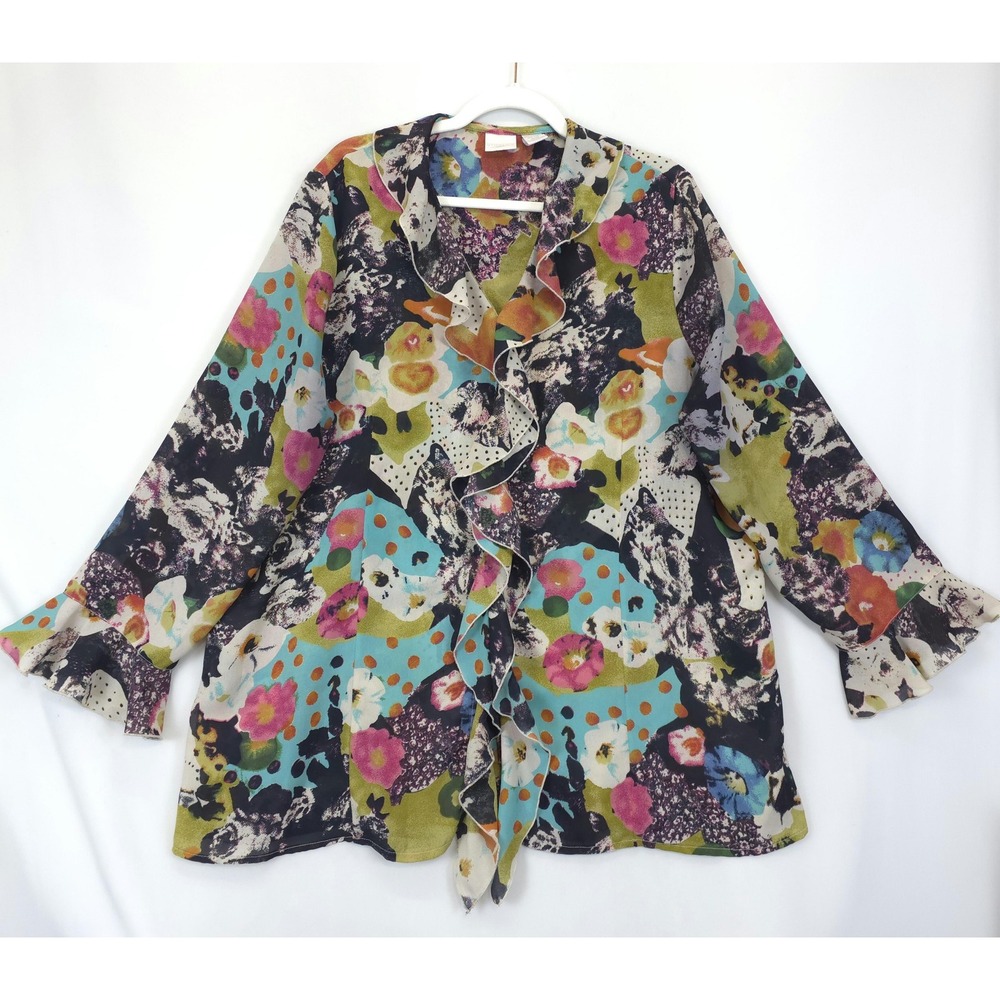 Studio C Plus Ruffle Lightweight Jacket Women 18/20 Sheer Floral Boho Artsy